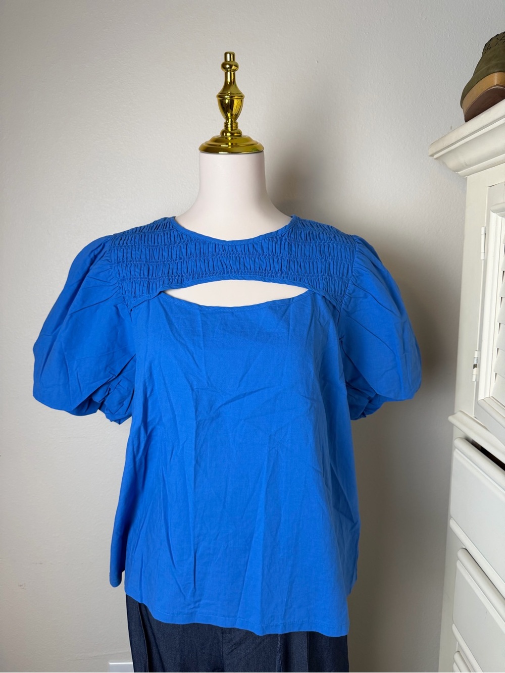 Bright Blue Puff Sleeve Top with Smocked Yoke